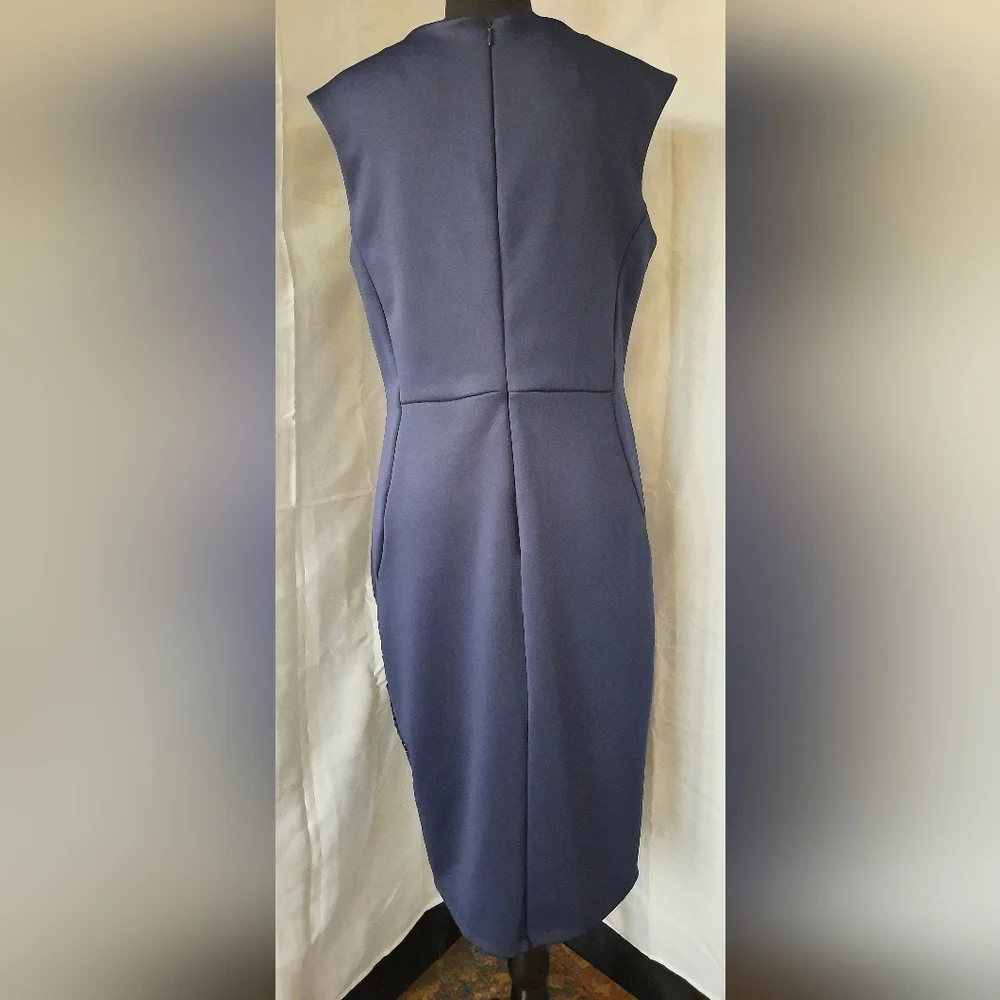EnFocus Navy Blue Sheath Dress Women Sz 12 V Neck Eyelet Detail Cutouts Midi - Picture 2 of 15